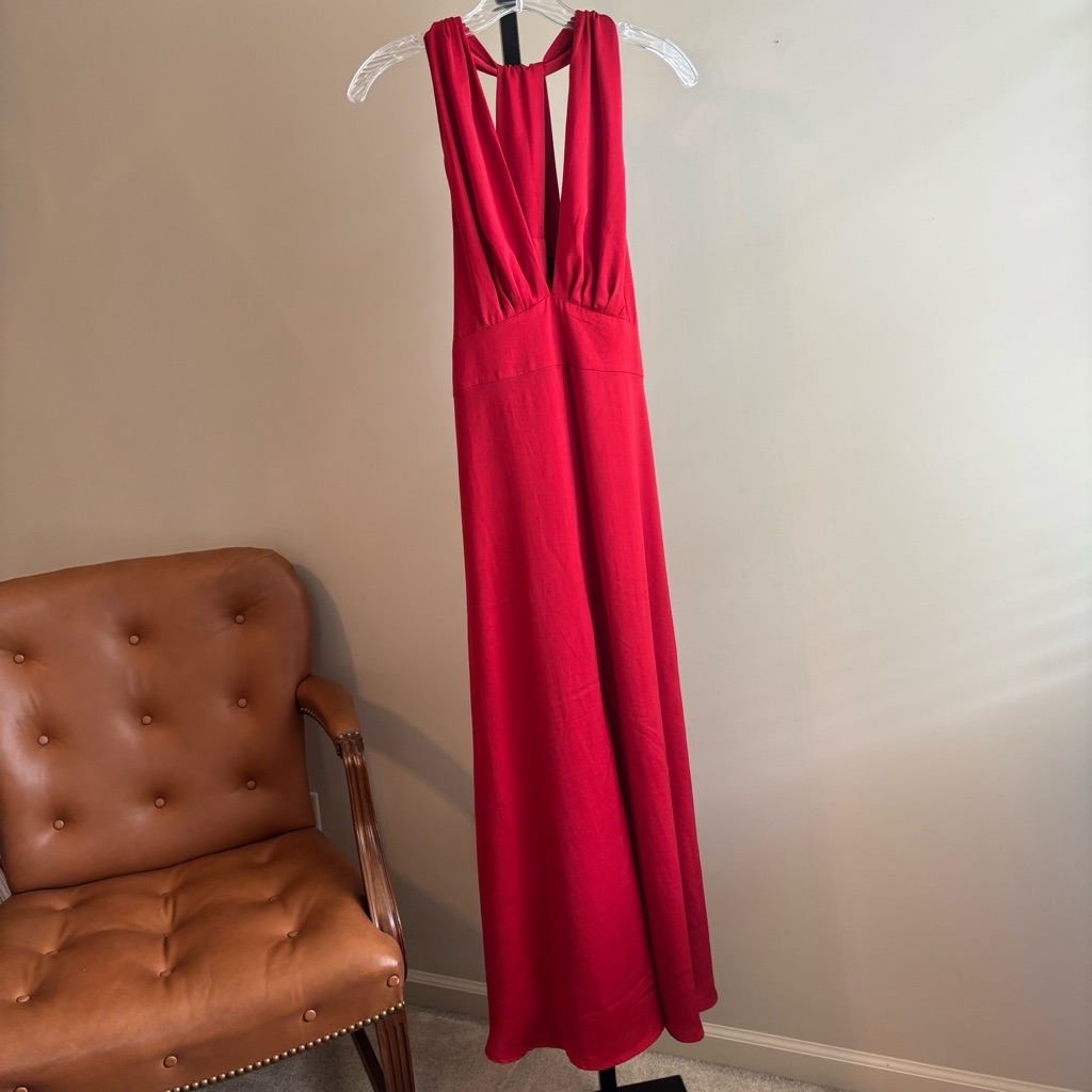 Banana Republic Red Plunge Neck Sleeveless Gown